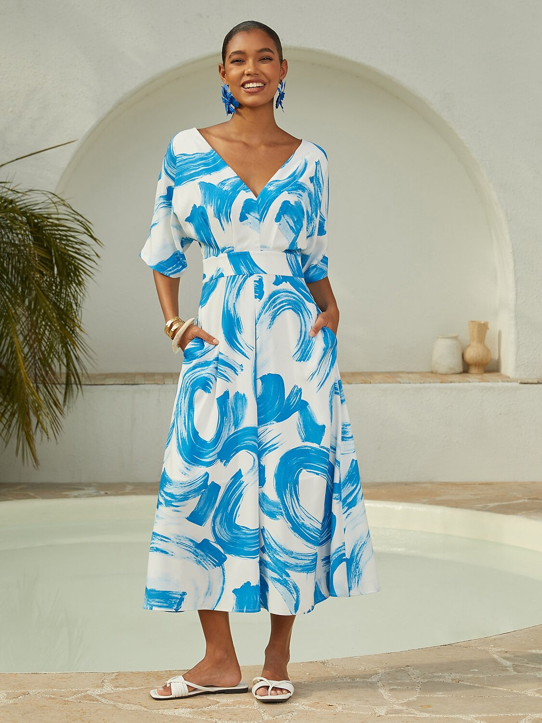 Satin Blue Brushstroke Print Maxi Dress Casual Vacation Travel