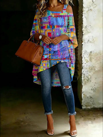 Women's Multicolor Abstrct Print Cold Shoulder Asymmetrical Hem Blouse