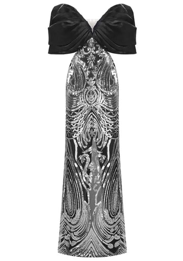 Draped Bardot Sequin Maxi Dress Black