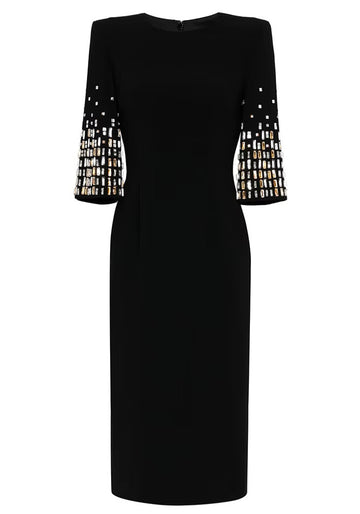 Short Sleeve Crystal Midi Dress Black