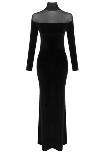 Long Sleeve Mesh Insert Velvet Maxi Dress Black