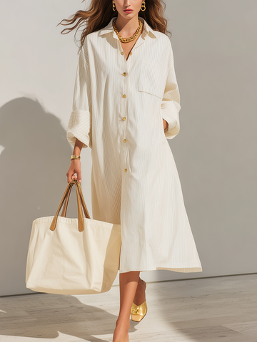 Refined Cream Pinstripe Shirt-Style Midi Dress