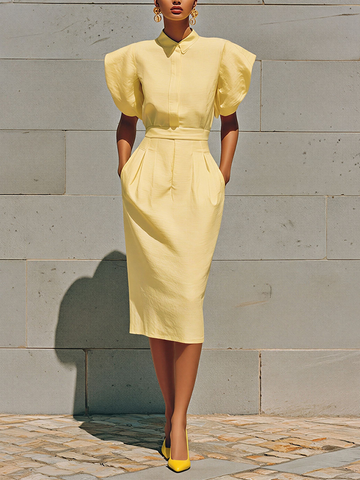 Women's Yellow Linen-Blend Puff Sleeve Shirt Dress With Tailored Waist & Pockets, Timeless Modern-Chic Style Dress MDZ2030D7LYL