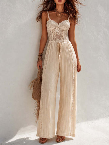 Bohemian Cream Lace Corset And Pleated Wide-Leg Jumpsuit