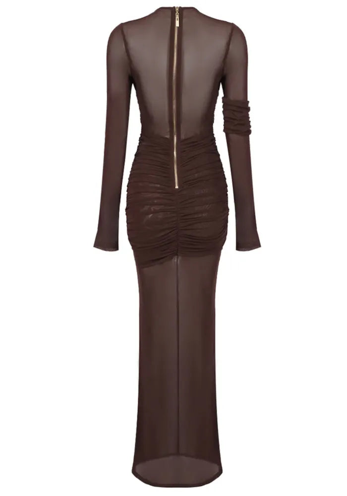 Long Sleeve Mesh Insert Draped Maxi Dress Brown