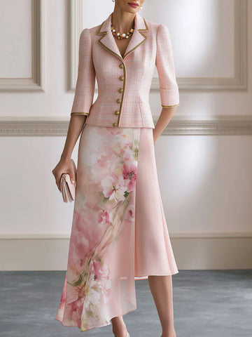 Tweed Peaked-Lapel Blazer & Floral Chiffon Midi Skirt Set