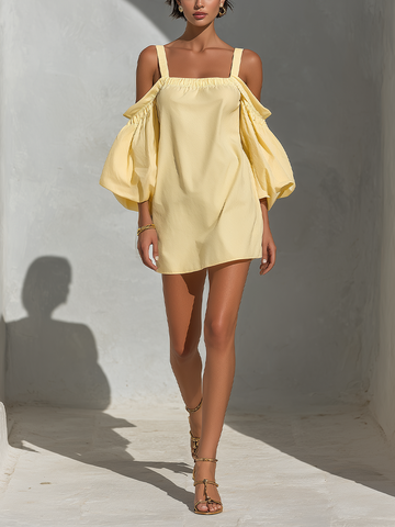 Women’s Yellow Cotton-Linen Blend Off-Shoulder Puff Sleeve Mini Dress With Square Neckline MDZ2847D1T