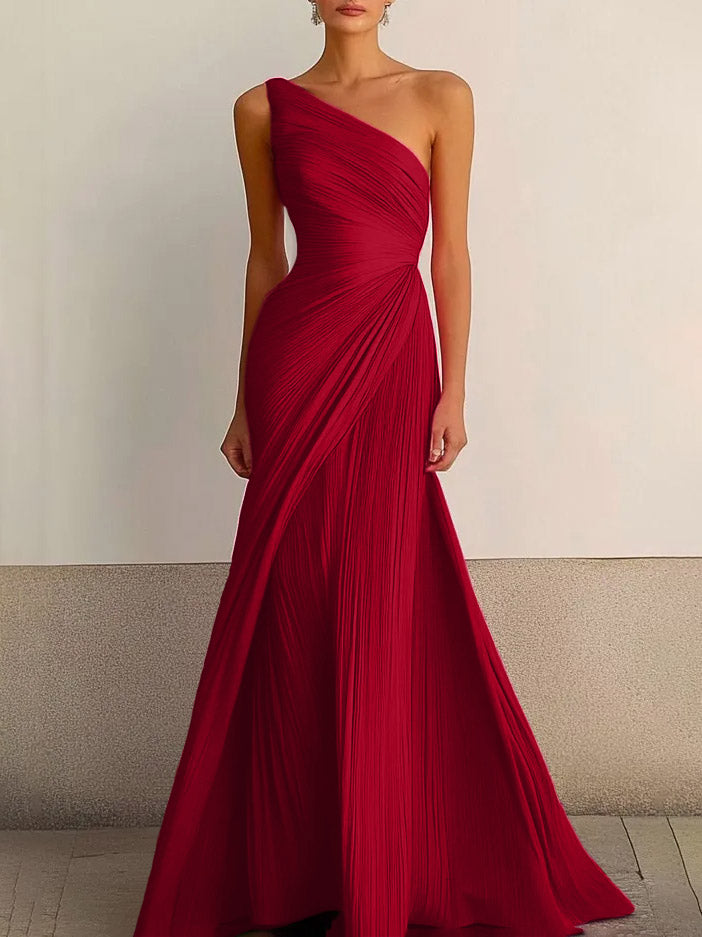 Elegant One-Shoulder Pleated Maxi Dress