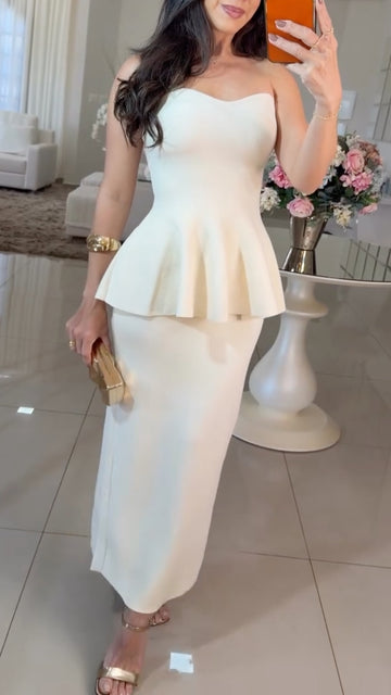 Strapless Peplum Top & Midi Skirt Two Piece Set