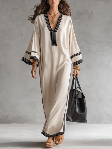 Elegant Contrast Piped Kaftan Maxi Dress