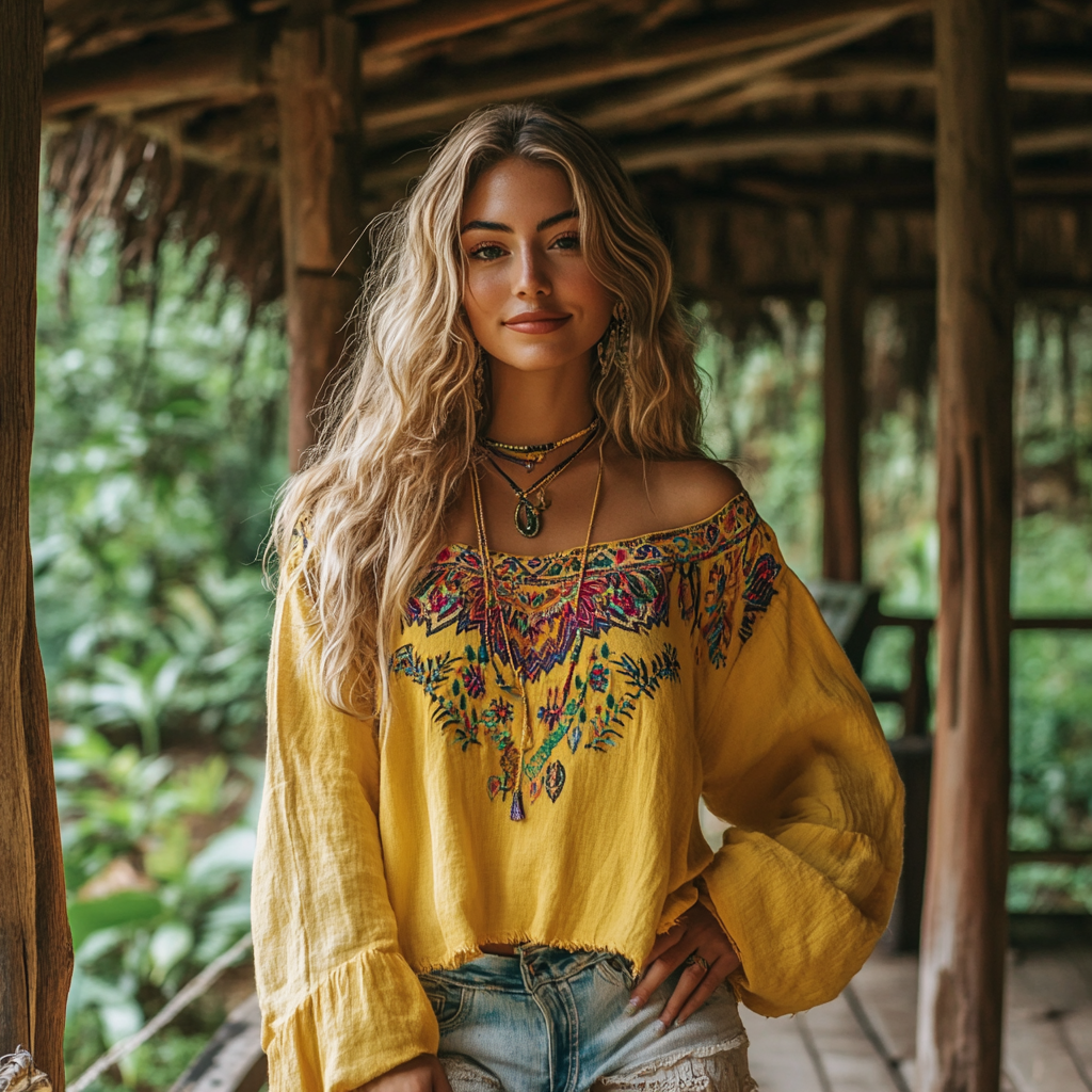 Bohemian Resort Vintage Linen Print Casual Long Sleeve Top