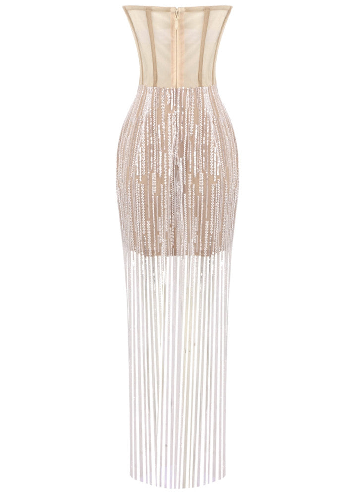 Strapless Sequin Tassel Maxi Dress Nude