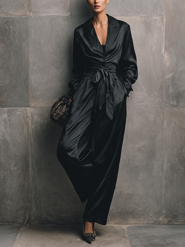 Women's Minimalist Black Satin V-Neck Fitted Waist Belted Wide-Leg Jumpsuit MDZ2017D7GMJ