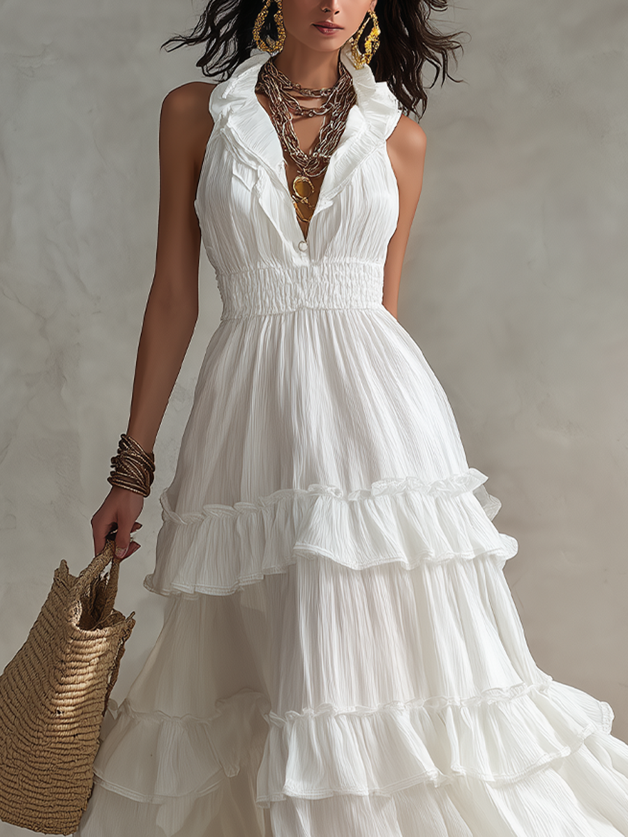 White Sleeveless Pleated Bohemian Long Dress With Ruffled Details