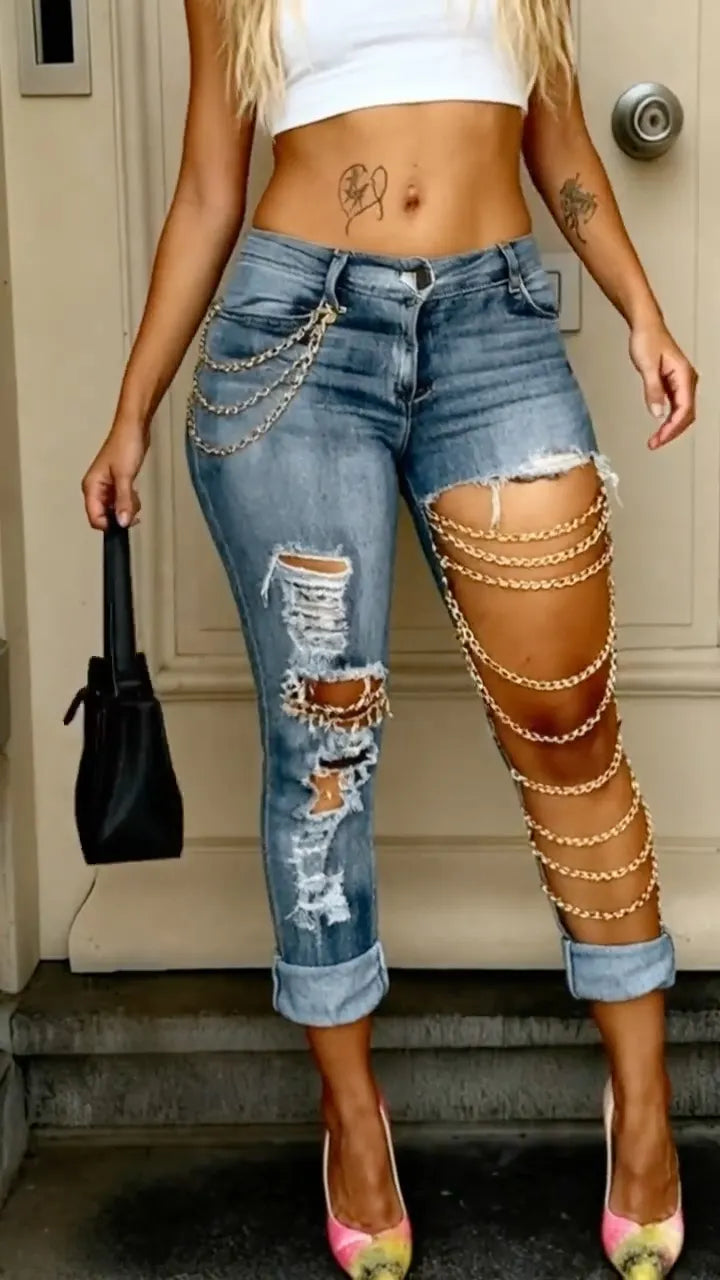 Asymmetric Ripped Chain Decor High Waist Skinny Denim Jeans