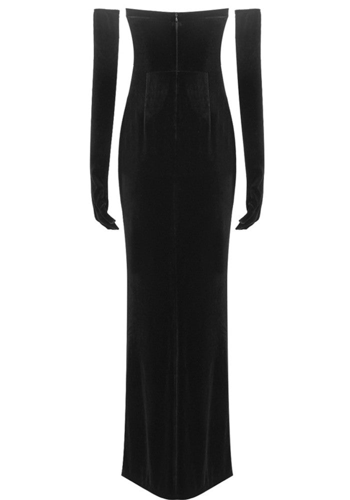 Strapless Embellished Velvet Maxi Dress Black