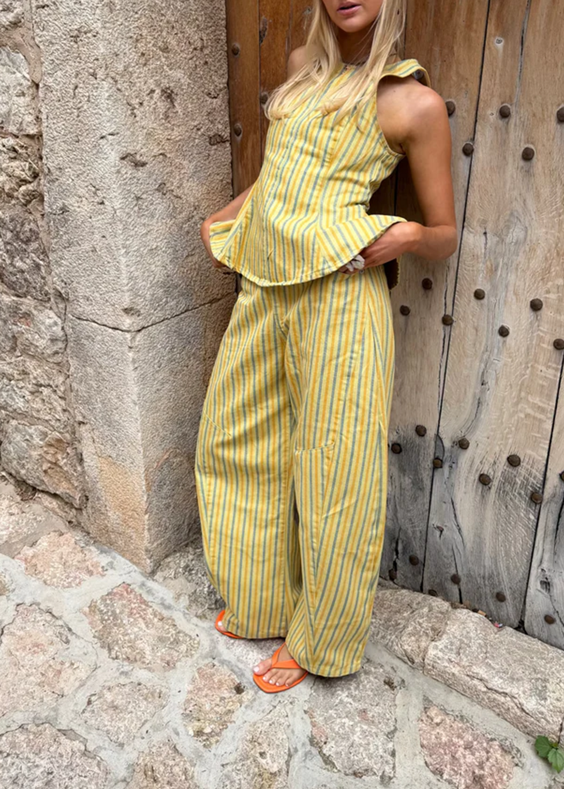 Yellow Striped Sleeveless Ruffle Top Loose Pant Set