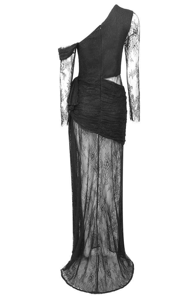 Long Sleeve Draped Lace Maxi Dress Black