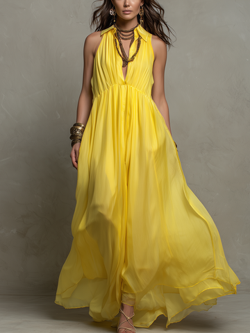 Flowy Bohemian Yellow Chiffon Maxi Dress