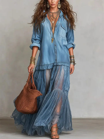 Blue Faux Denim Shirt Collar With Sheer Pockets Maxi Dress