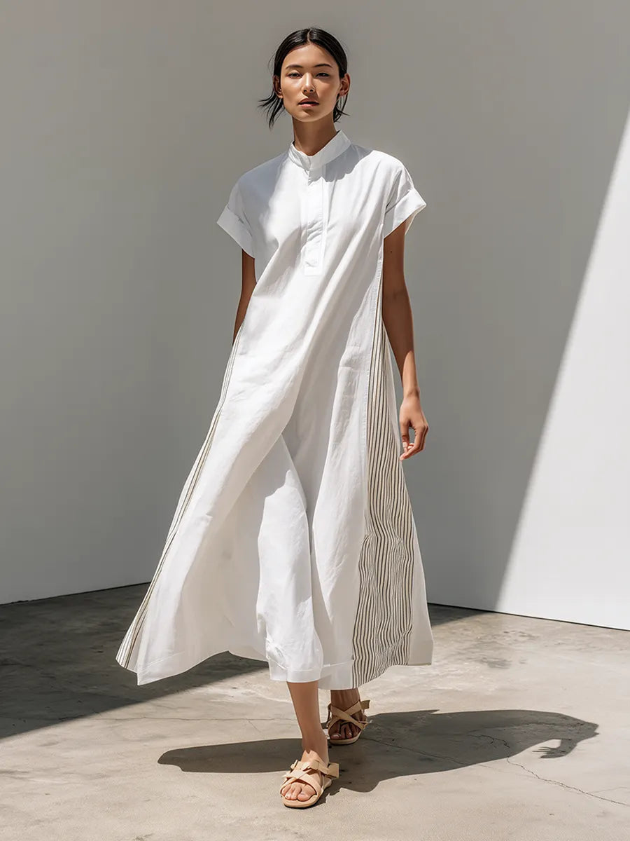 Women's Loose-Fit Dress With Stand Collar, White Stripes, And Patchwork Detail — Oriental Minimalist Zen Style MDZ2012D3ZJW