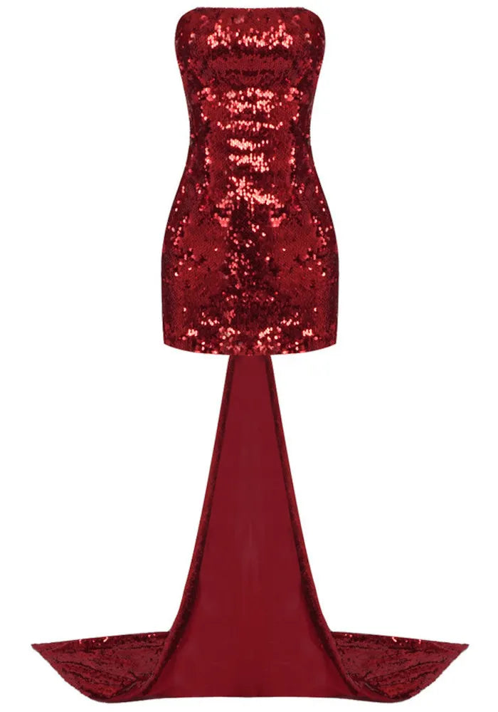 Strapless Bow Detail Sequin Dress Red