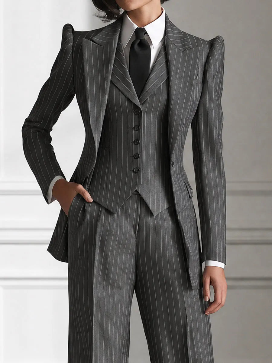 Women's Vintage Pinstripe 3-Piece Power Suit Set – Structured Blazer, Waistcoat & Wide-Leg Trousers