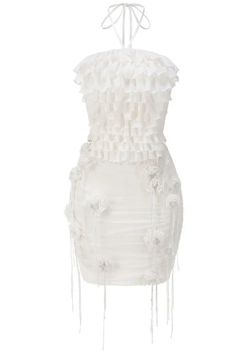Halter Floral Ruched Two Piece Dress White