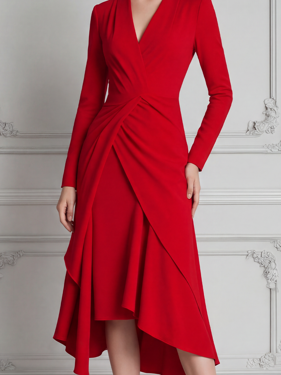 Red Dress Fall Wedding Guest Dress Draped Wrap High Low Midi Dress
