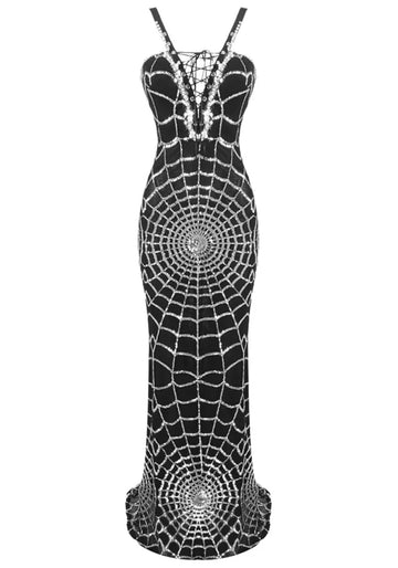 Lace Up Sequin Maxi Dress Black Silver