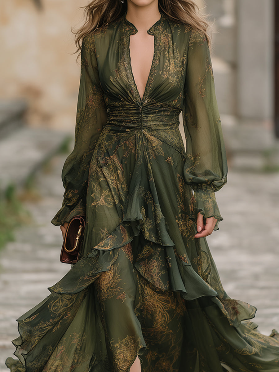 Bohemian Holiday Multi-layered Ruffle Hem Floral Chiffon Maxi Dress