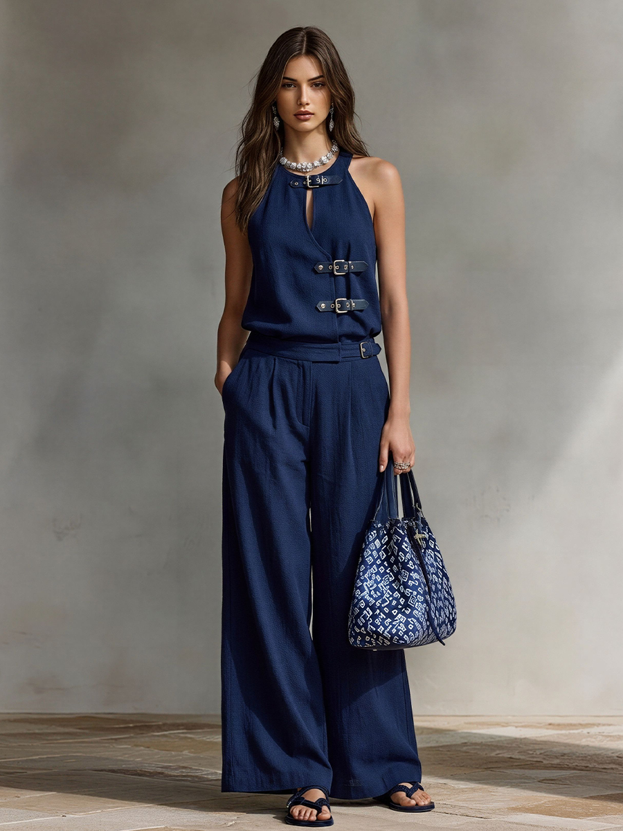 Women's Navy Linen-Blend Halter Two-Piece Set With Buckle Details & Wide-Leg Pants, Modern Nautical-Chic Outfit MDZ2158D1LYL