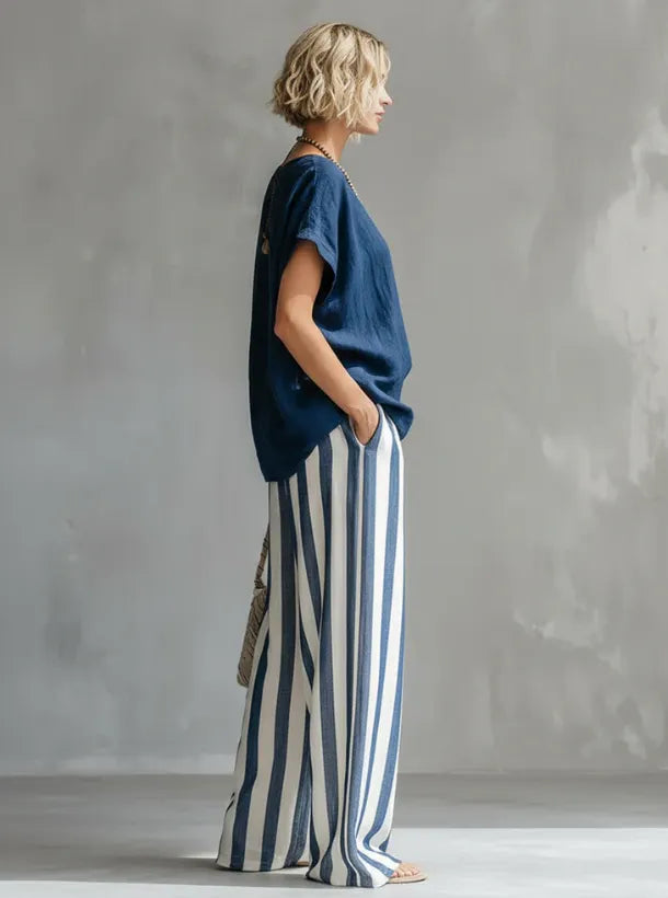 Cozy Loose-fit Striped Faux Cotton-linen Two-piece Set