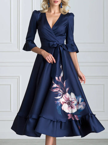 Floral Wrap-Style Ruffle Hem Satin Midi Dress