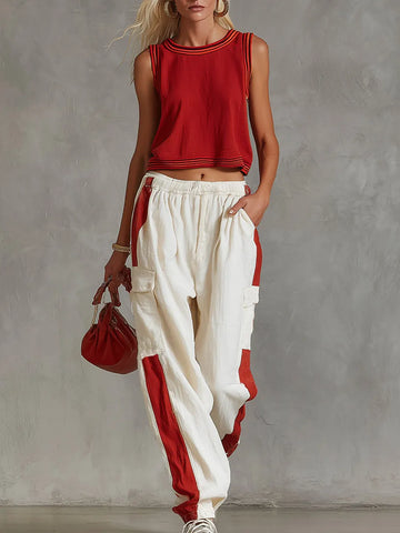 Casual & Stylish Red Vest And White Cargo Pants Cotton-Linen Set