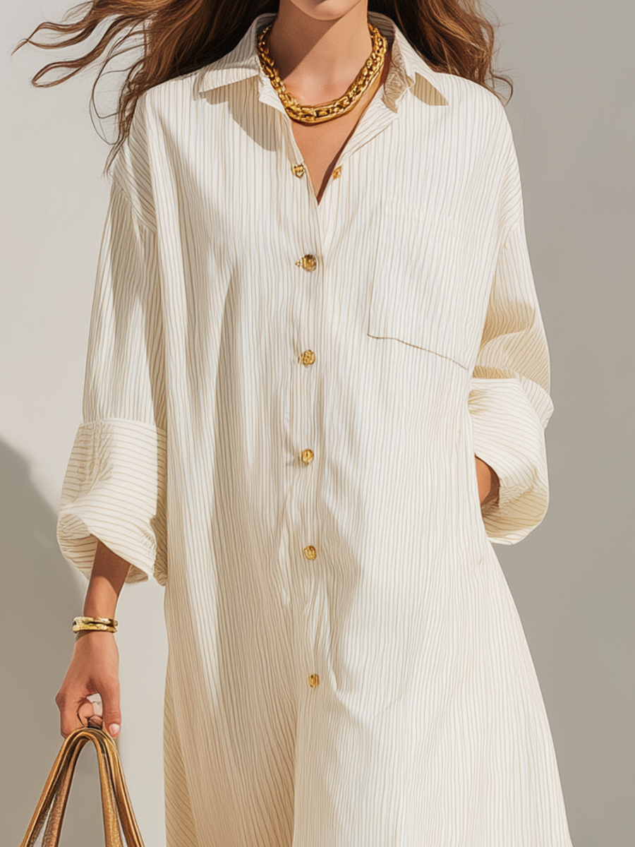 Refined Cream Pinstripe Shirt-Style Midi Dress