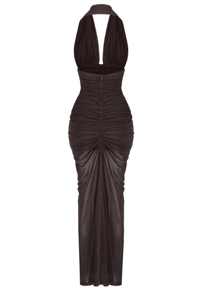 Halter Braid Detail Ruched Maxi Dress Brown