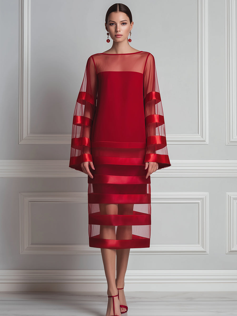 Bateau Neck Sheer Mesh Satin-Stripe Bell Sleeve Shift Midi Dress
