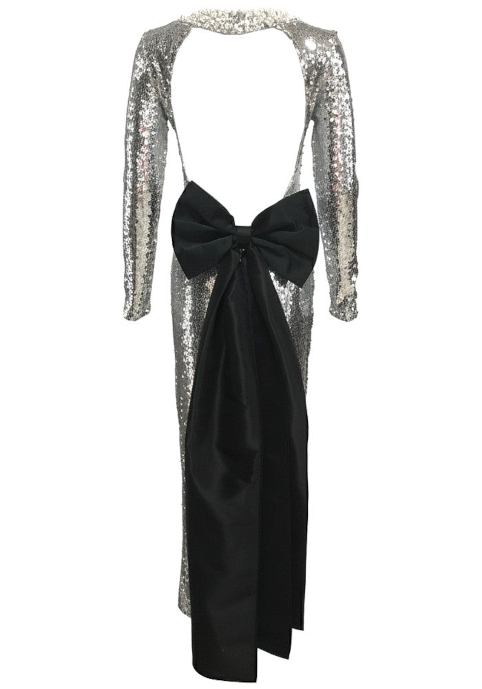 Long Sleeve Sequin Backless Bow Maxi Dress Silver