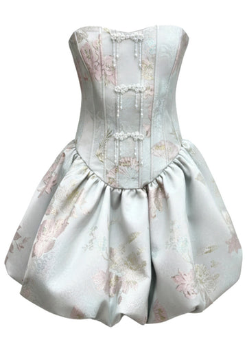 Strapless Floral Bubble Corset Dress Light Blue