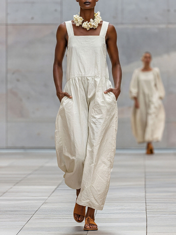 Women's Off-White Cotton-Blend Wide-Leg Jumpsuit With Square Neck & Pockets, Timeless Minimalist Loungewear MDZ2509D1LYL