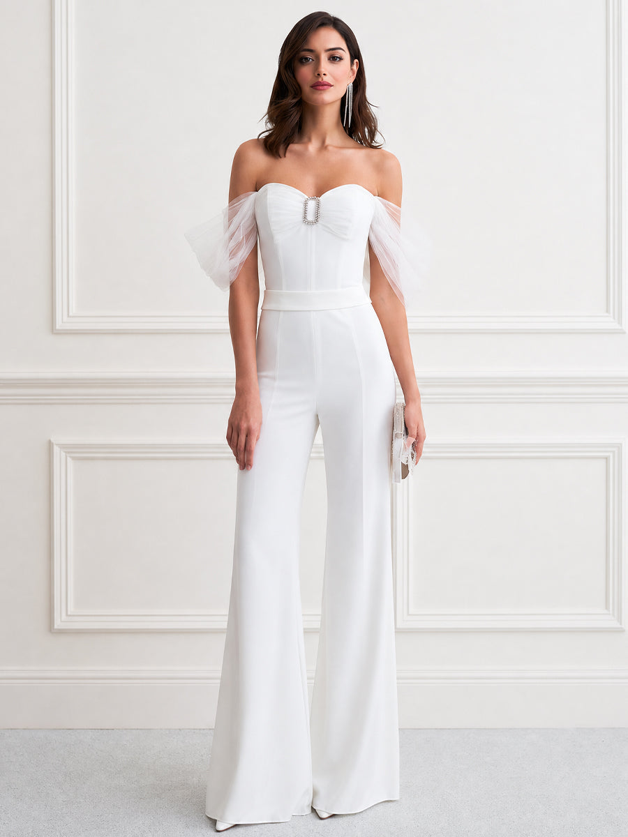 Off-Shoulder Mesh Sleeve Rhinestone Buckle Wide Leg Jumpsuit
