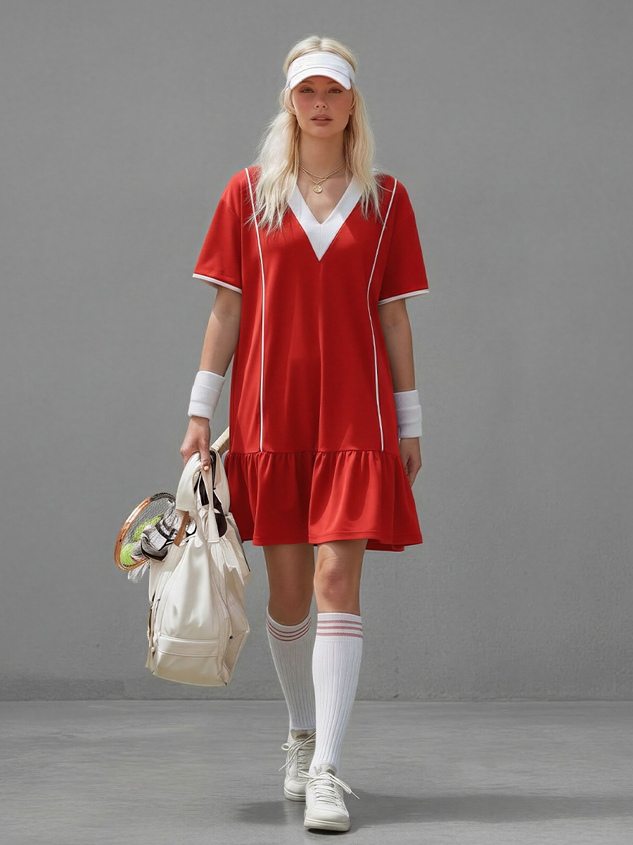 Women's Red & White Knit Tennis Dress With V-Neck & Ruffle Hem, Contemporary Sporty-Chic Tennis Dress MDZ2307D4LYL