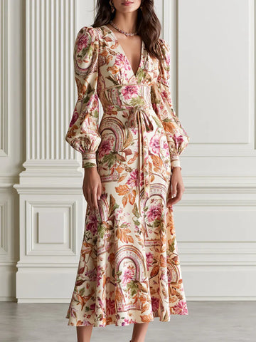 Puff Sleeve Floral Print Waist Tie Belt Midi Dress
