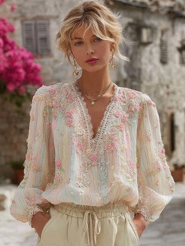 Women's Vintage Floral Embroidered Art Vneck Casual T-shirt