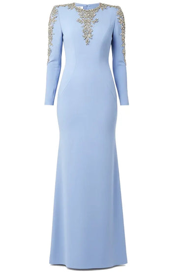 Long Sleeve Crystal Embellished Maxi Dress Blue