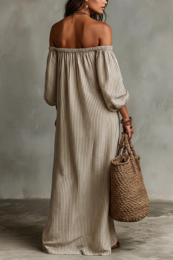 Linen Blend Striped Print Loose Off-shoulder Casual Maxi Dress