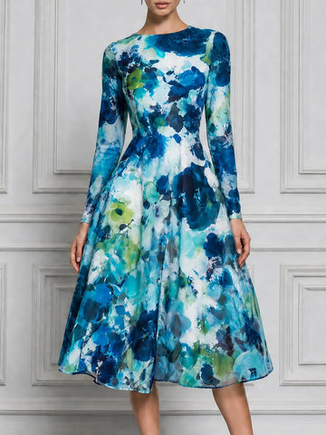 White Blue Green Watercolor Floral Print Long Sleeve A-Line Midi Dress
