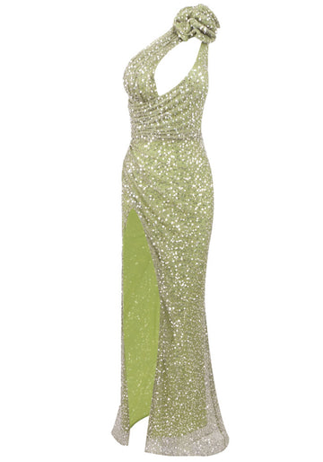 One Shoulder Floral Sequin Maxi Dress Green