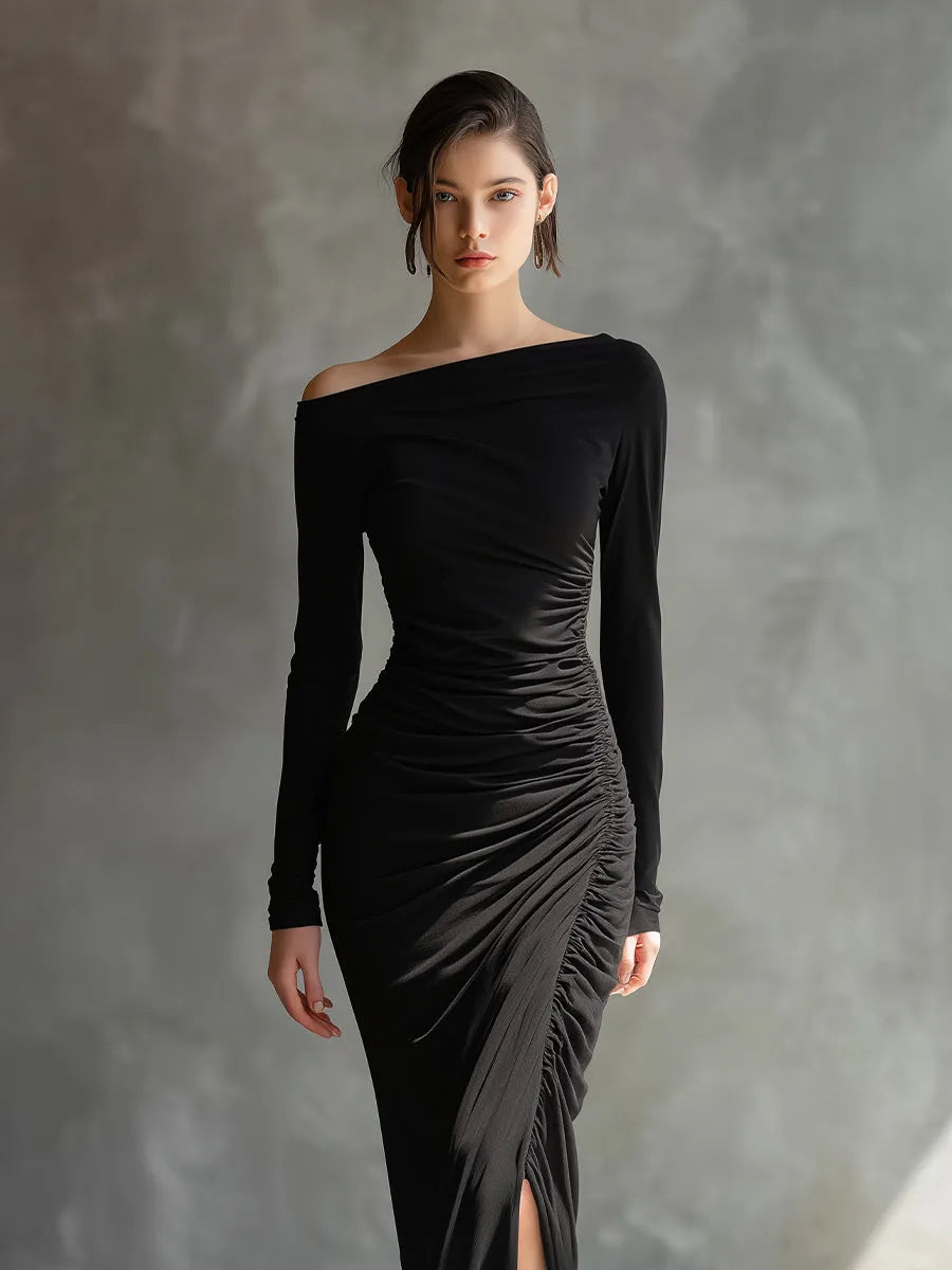 Women's Black Elegant Jersey Off - Shoulder Ruched Slit Maxi Dress MDA2125H9I